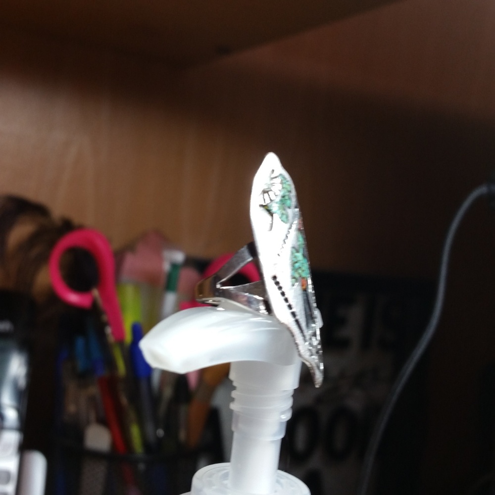 Vin. Bird inlayed Ring 925 Silver with blue green turquoise, red jasper from NM - Picture 2 of 5